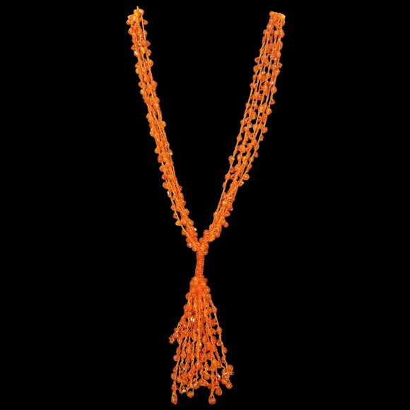 Vintage Orange Bead Necklace with a Tassel  Acrylic Bicone and Bugle Beads - Picture 13 of 13